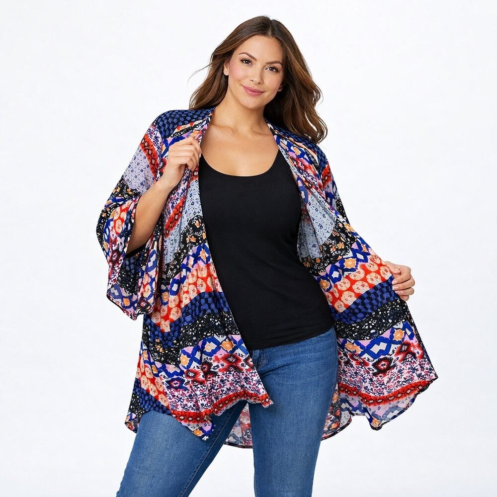Boho Size L Geometric Print Kimono Cardigan Open Front Cover Up  Red White Blue